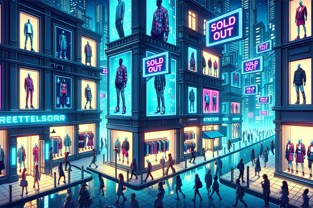 Illustration of a futuristic virtual street. Buildings on either side glow with digital displays of trendy