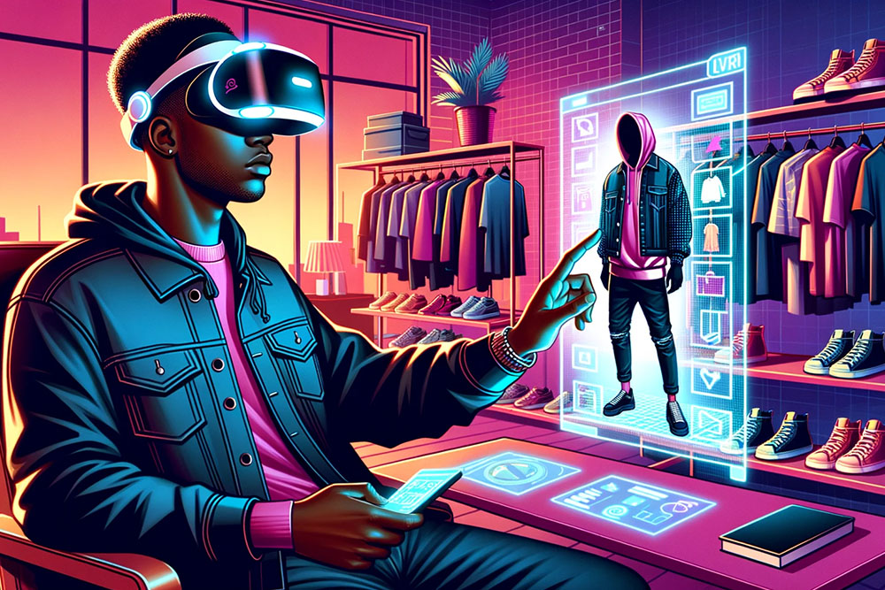 illustration capturing a male user of African descent in a tech-infused room, engrossed in a virtual shopping experience
