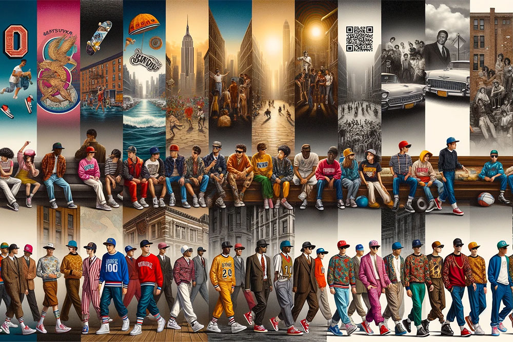 photo collage highlighting the progression of streetwear. The left segment immerses viewers in the early days of streetwear