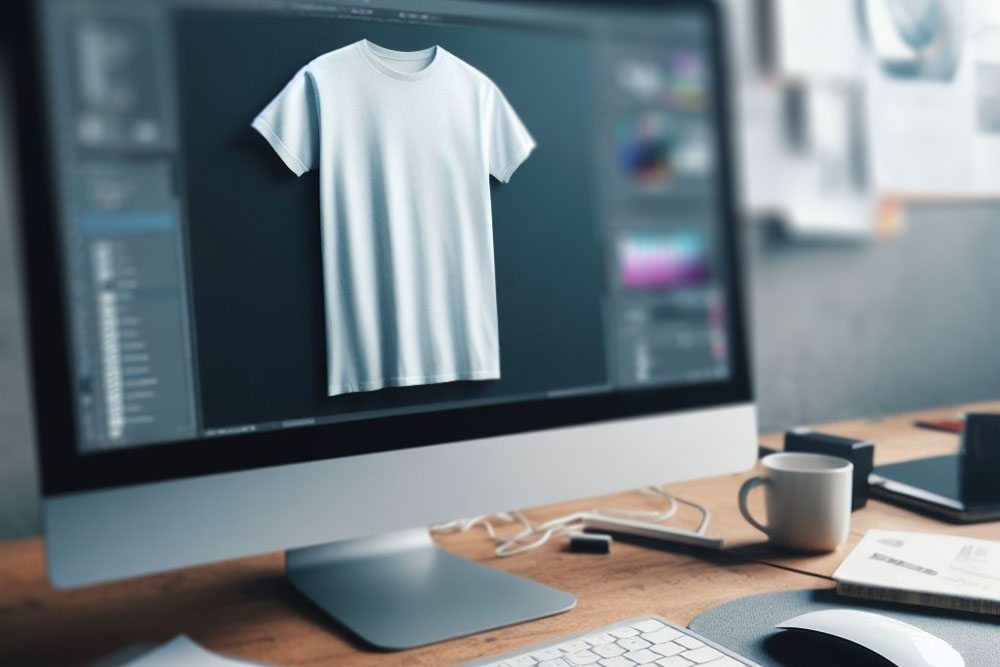 photo of a digital artists workspace with photoshop open working on a tshirt mockup