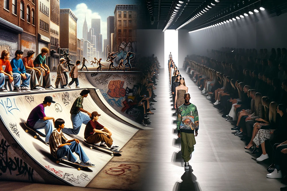 split-image depicting the evolution of streetwear. On the far left, a snapshot from the 1980s captures skateboarders in a skate park